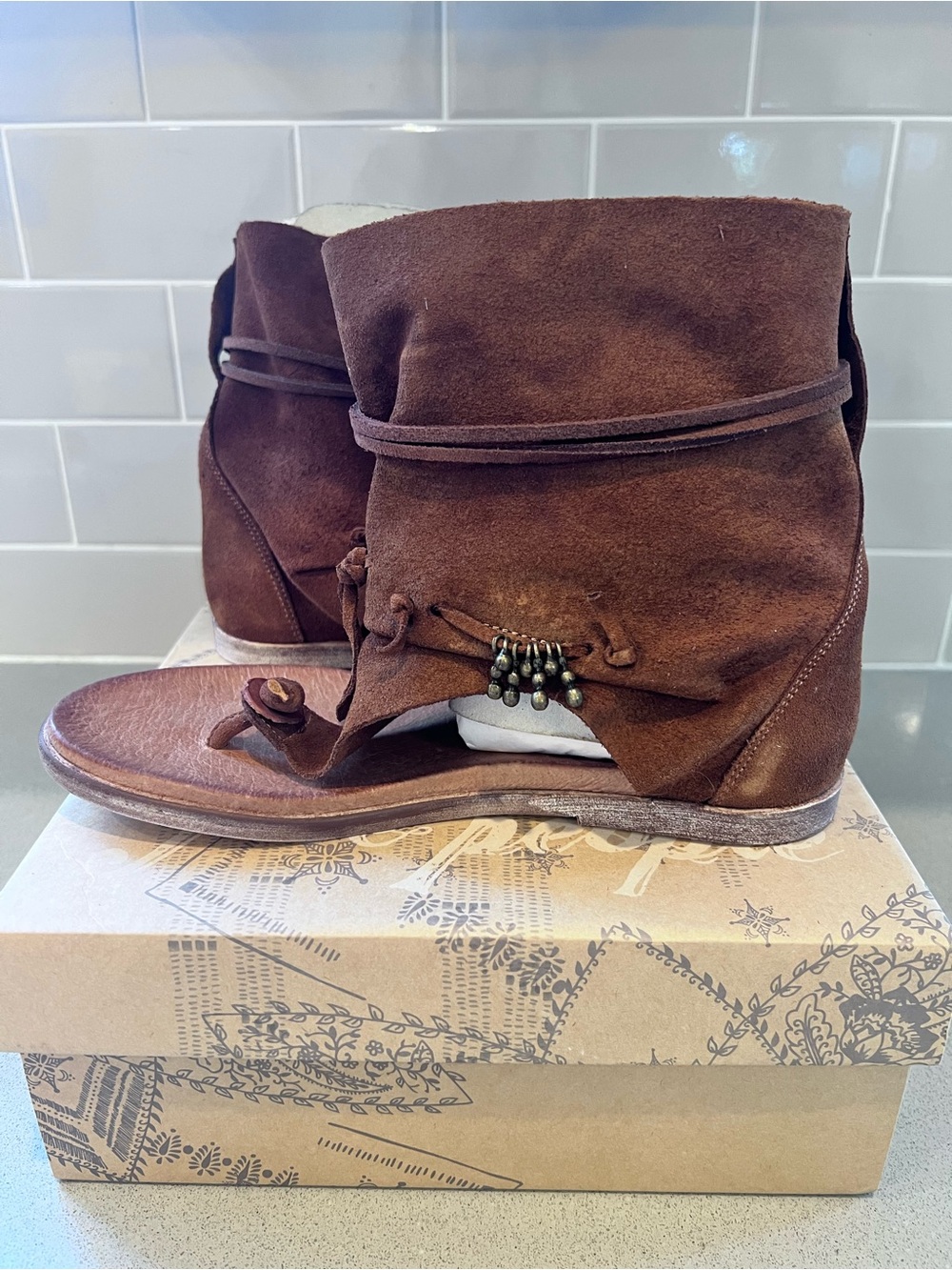 Free People Brown Suede Fringe Ankle Booties Averra Sandal Sz 37 Never Worn - Picture 7 of 13